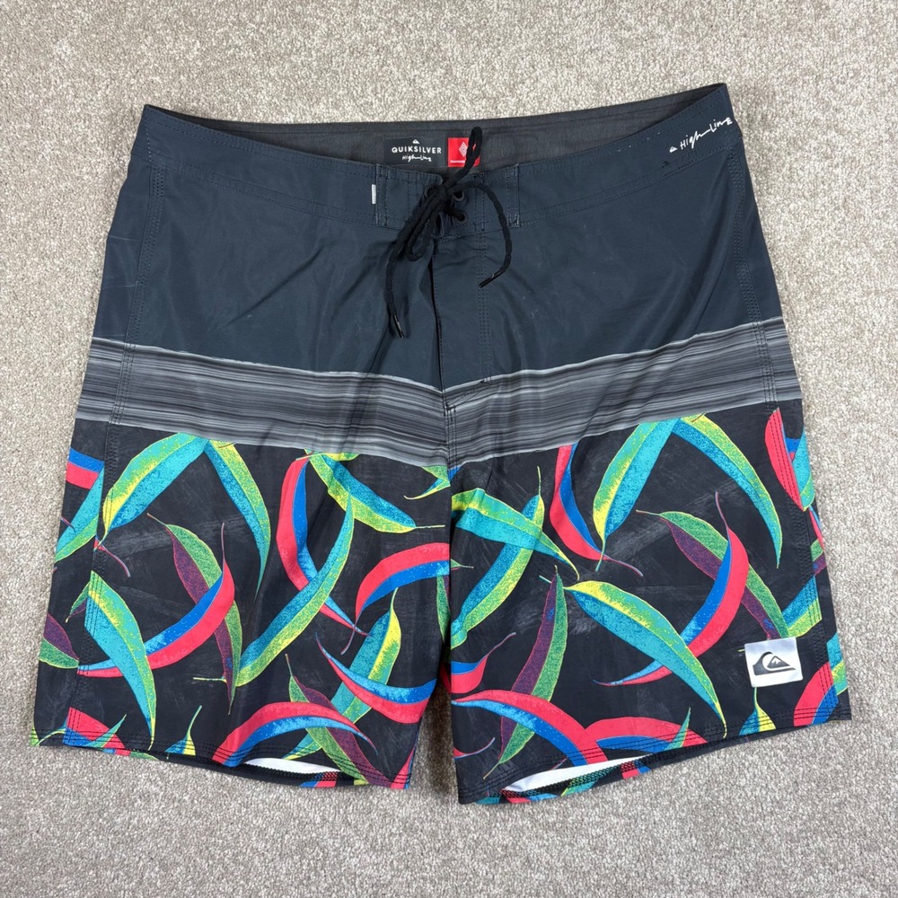 Quiksilver Highline Board Shorts Mens 36 Black Tropical Leaf Print Swim Trunks